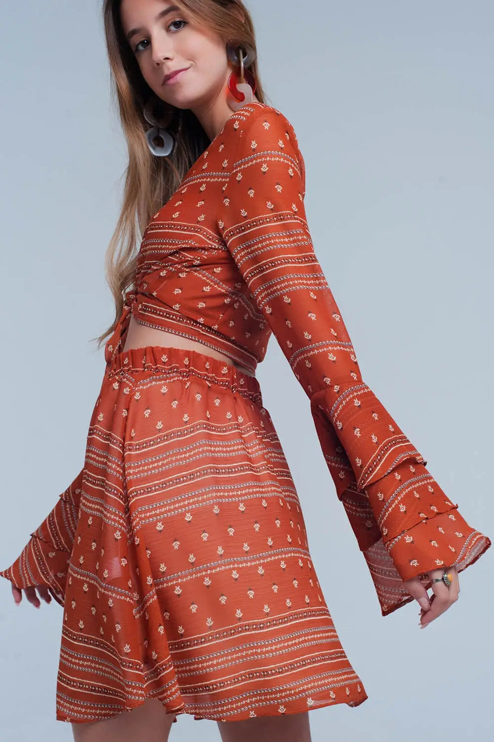 Orange Tie Front Mixed Print Crop Top - Shirts