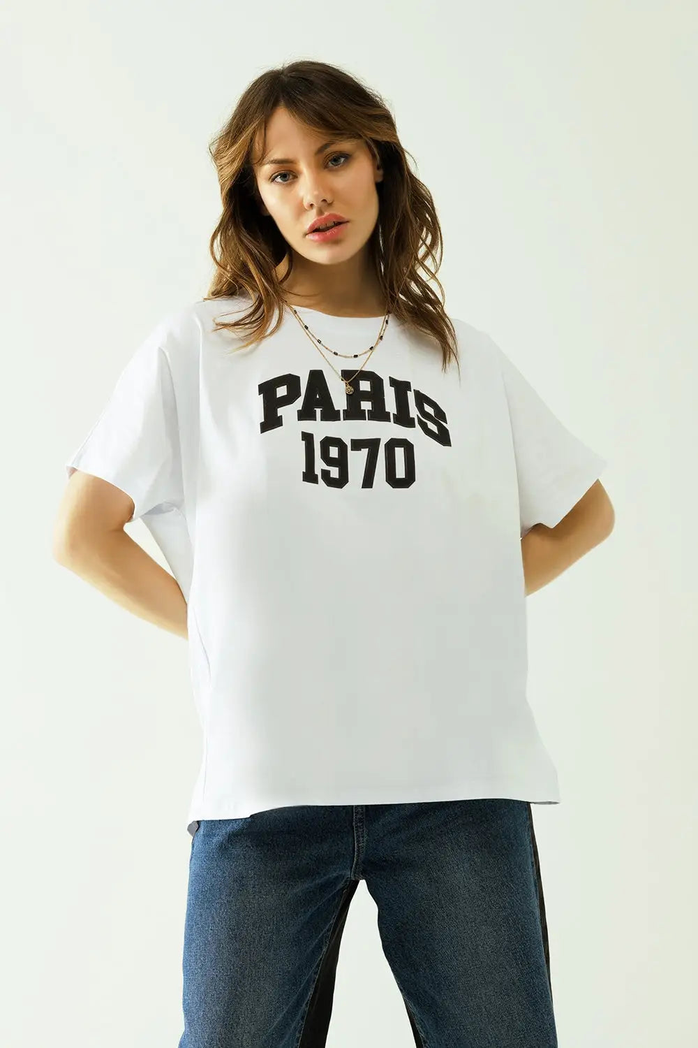 Oversize white t-shirt printed paris 1970 in black - One Size / White - Tops