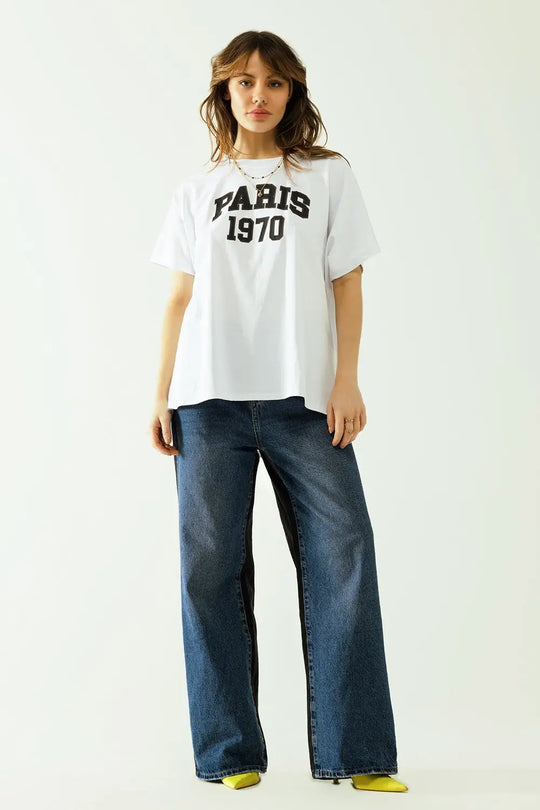 Oversize white t-shirt printed paris 1970 in black - One Size / White - Tops