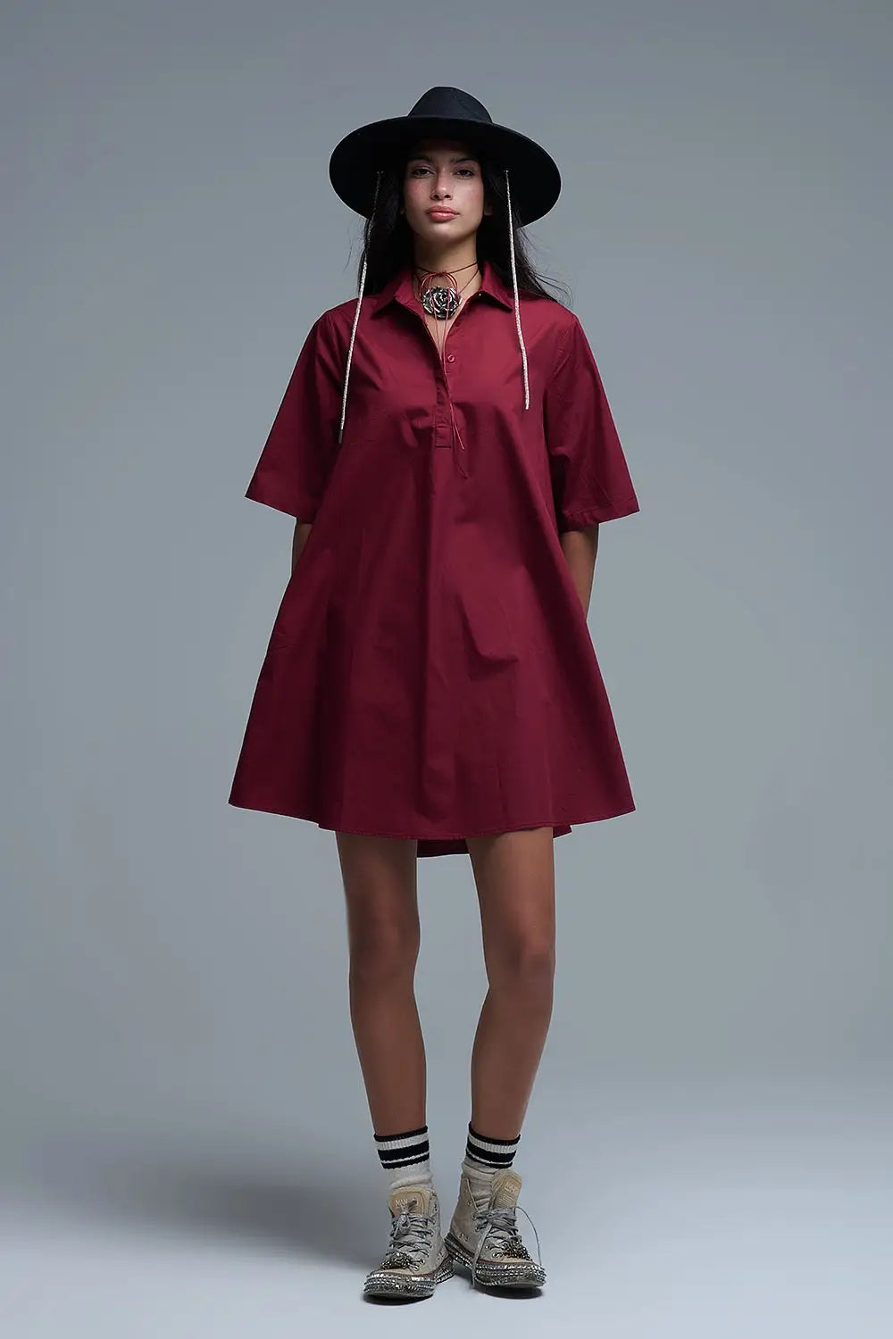 Q2 Oversized 3/4 Sleeve Poplin Dress Burgundy