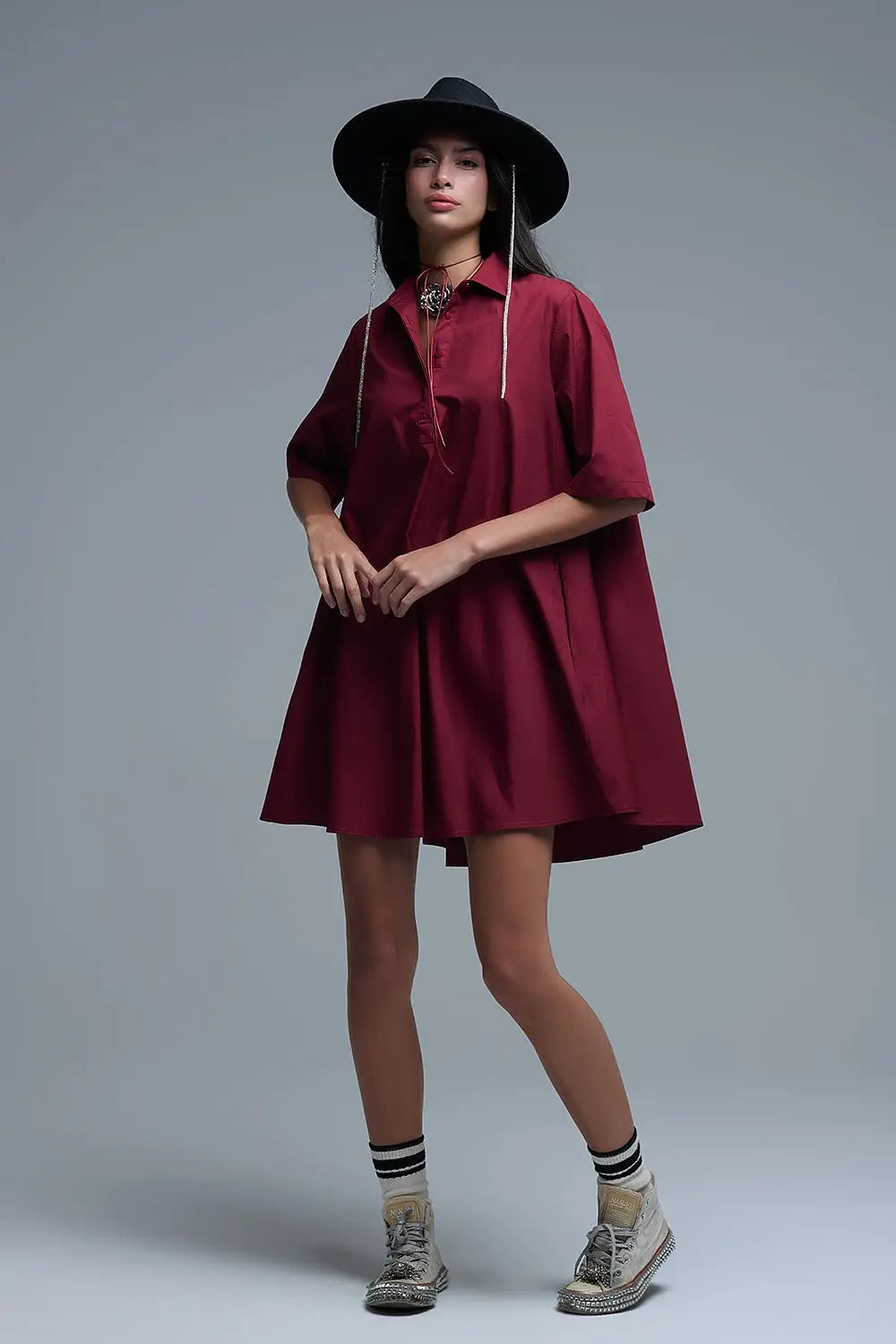 Oversized 3/4 Sleeve Poplin Dress Burgundy - Dresses