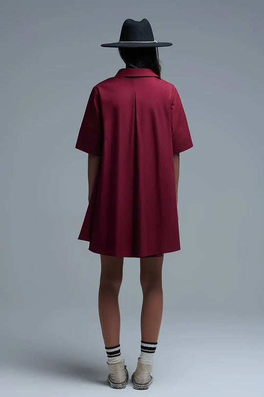 Oversized 3/4 Sleeve Poplin Dress Burgundy - Dresses
