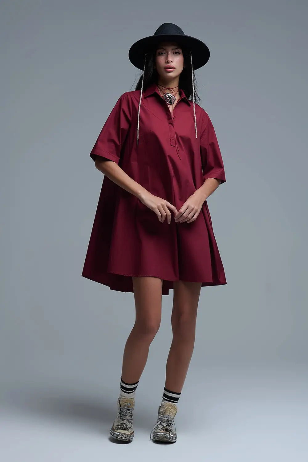 Oversized 3/4 Sleeve Poplin Dress Burgundy - Dresses