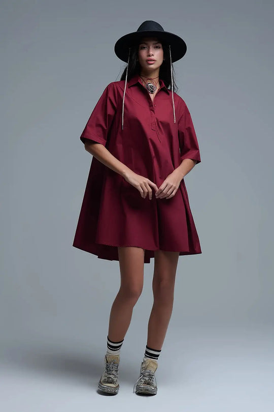 Oversized 3/4 Sleeve Poplin Dress Burgundy - Dresses