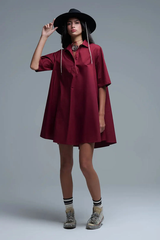 Oversized 3/4 Sleeve Poplin Dress Burgundy - Dresses