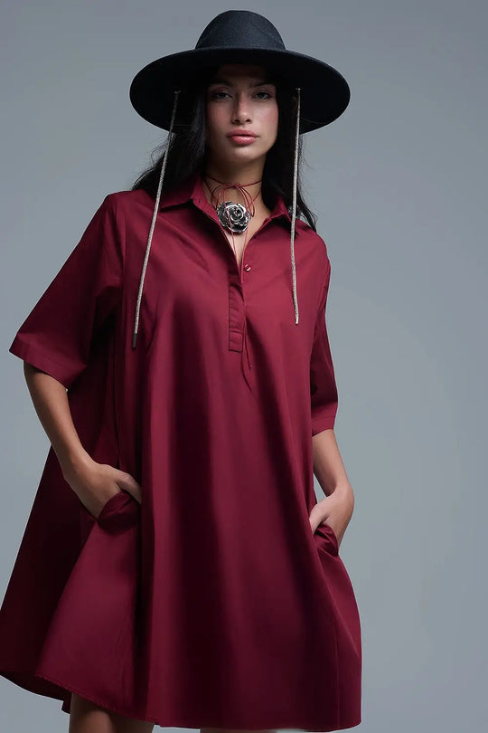 Oversized 3/4 Sleeve Poplin Dress Burgundy - Dresses