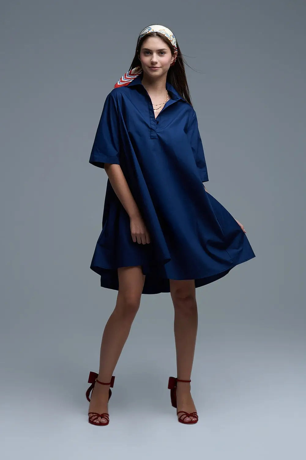 Q2 Oversized 3/4 Sleeve Poplin Dress in Navy
