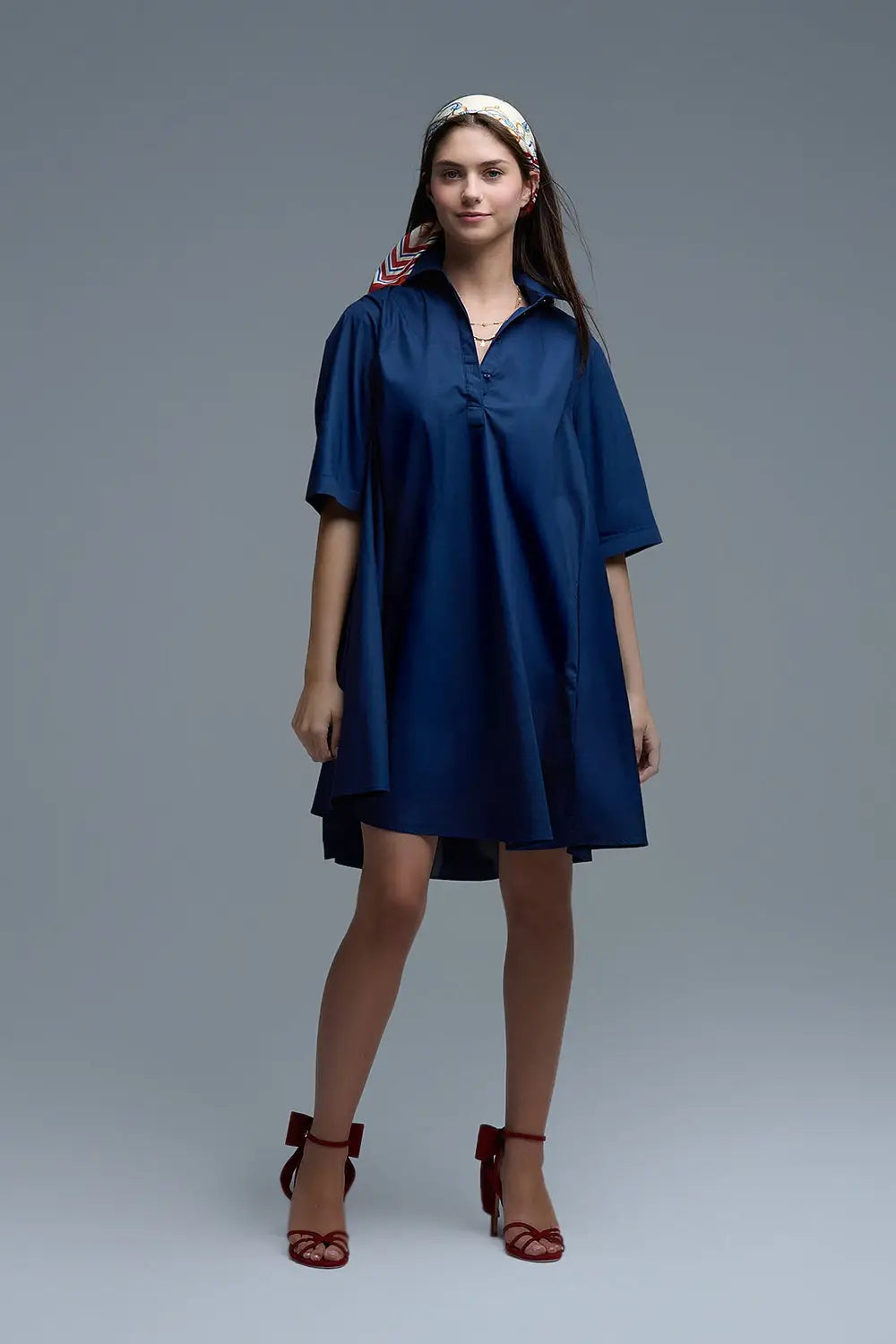Oversized 3/4 Sleeve Poplin Dress in Navy - Dresses