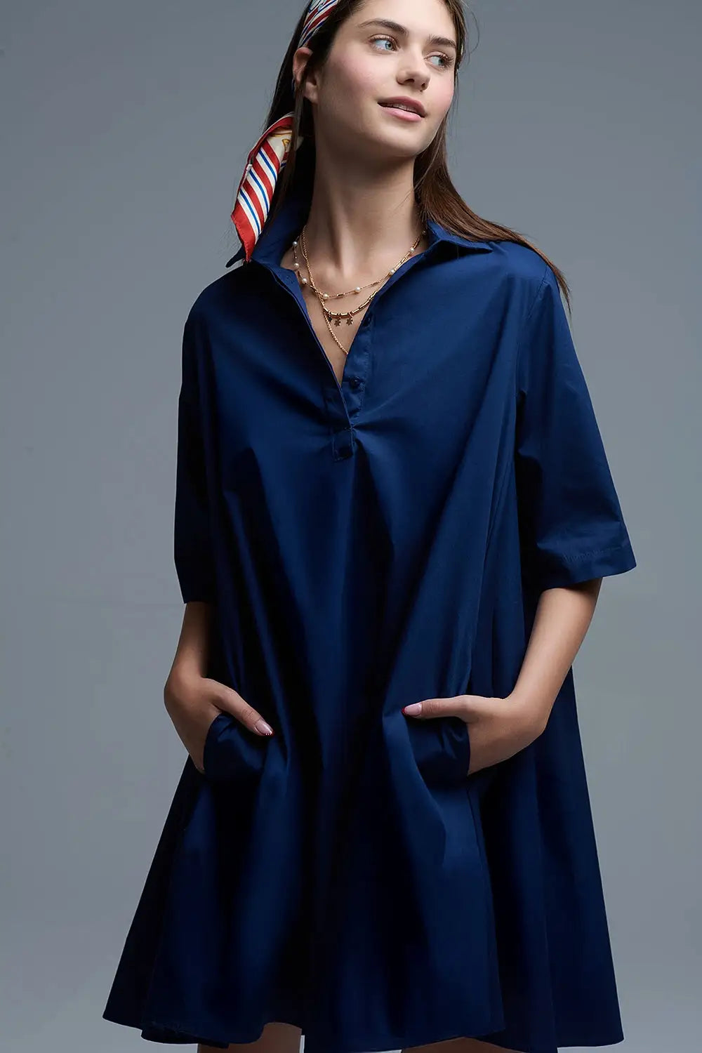 Oversized 3/4 Sleeve Poplin Dress in Navy - Dresses