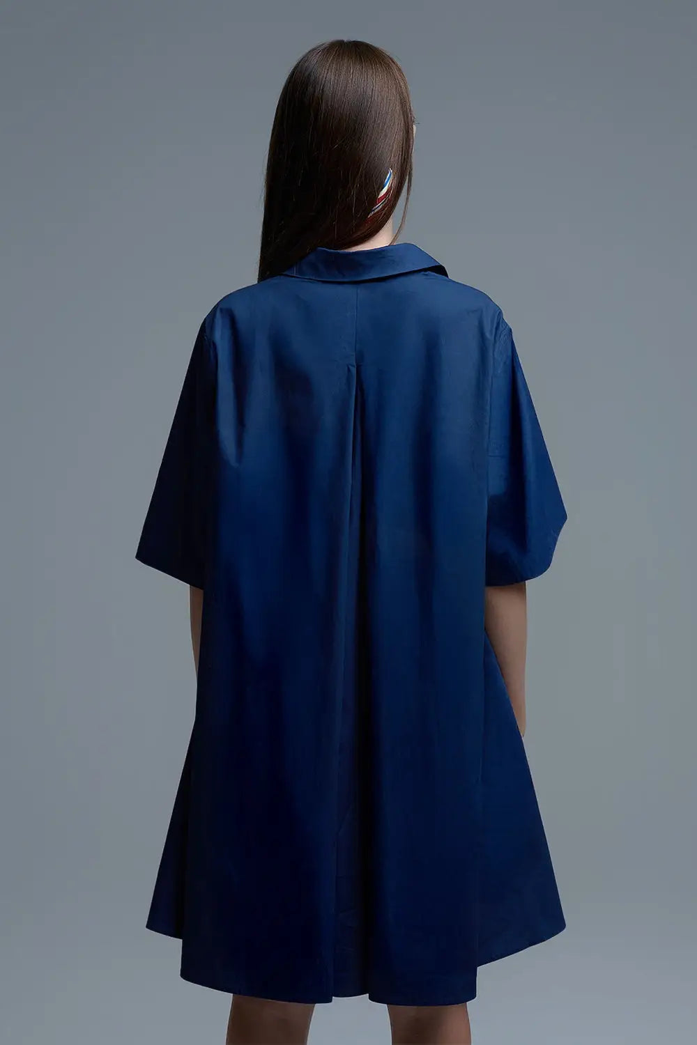 Oversized 3/4 Sleeve Poplin Dress in Navy - Dresses