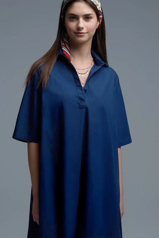 Oversized 3/4 Sleeve Poplin Dress in Navy - Dresses