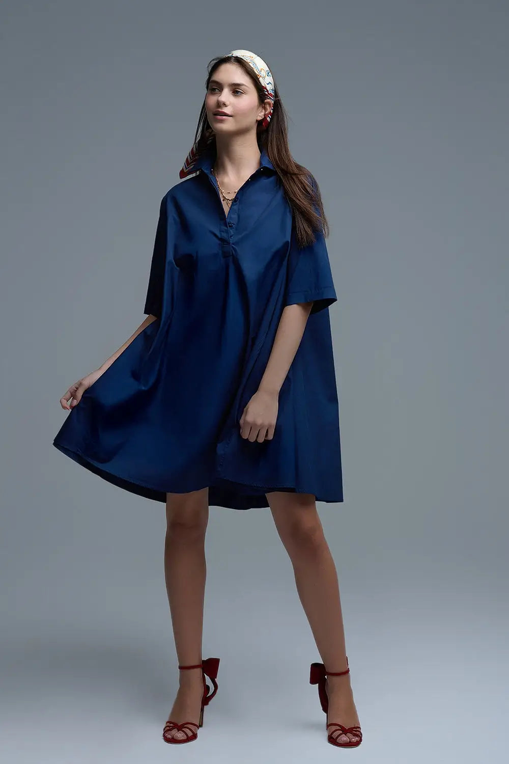 Oversized 3/4 Sleeve Poplin Dress in Navy - Dresses