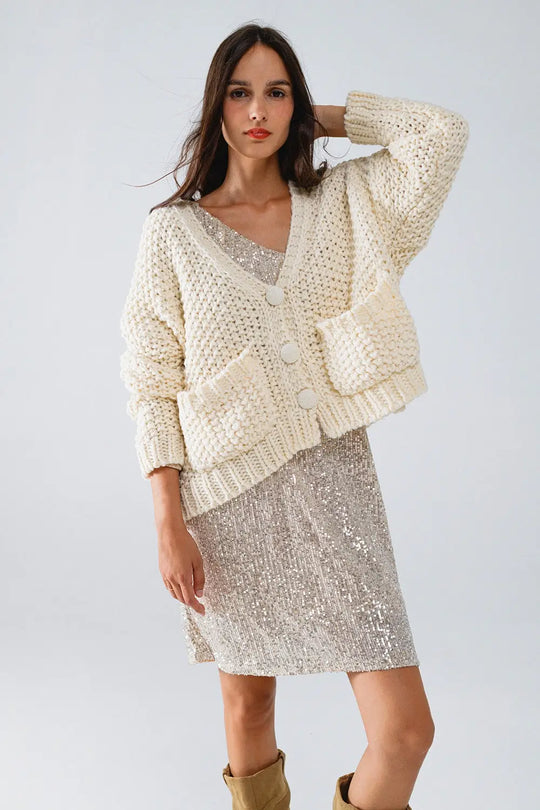 Oversized beige chunky knit jacket with pockets - One Size / White