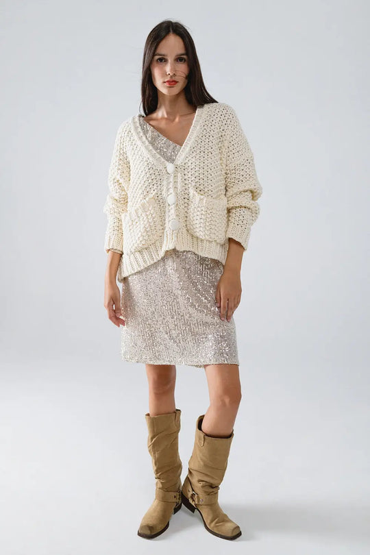 Oversized beige chunky knit jacket with pockets - One Size / White