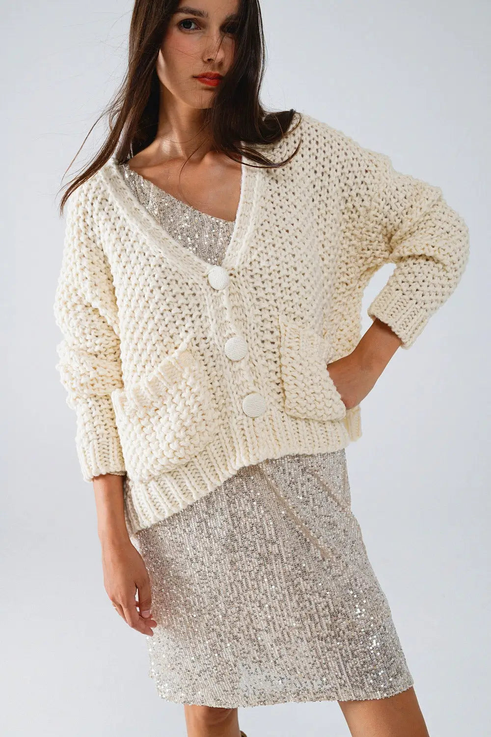Oversized beige chunky knit jacket with pockets - One Size / White
