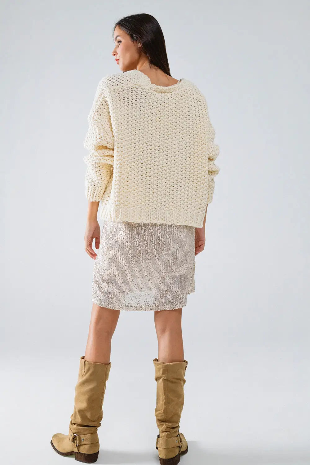 Oversized beige chunky knit jacket with pockets - One Size / White