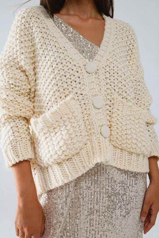 Oversized beige chunky knit jacket with pockets - One Size / White