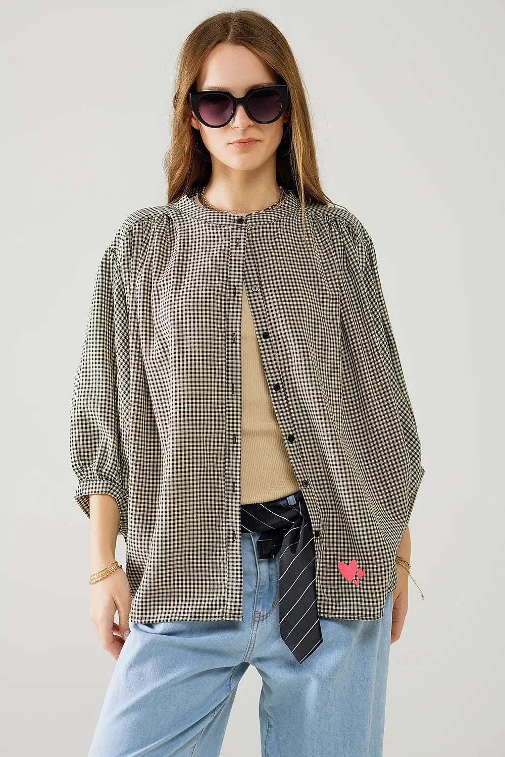 Q2 Oversized Black and creme Gingham Blouse Heart Detail