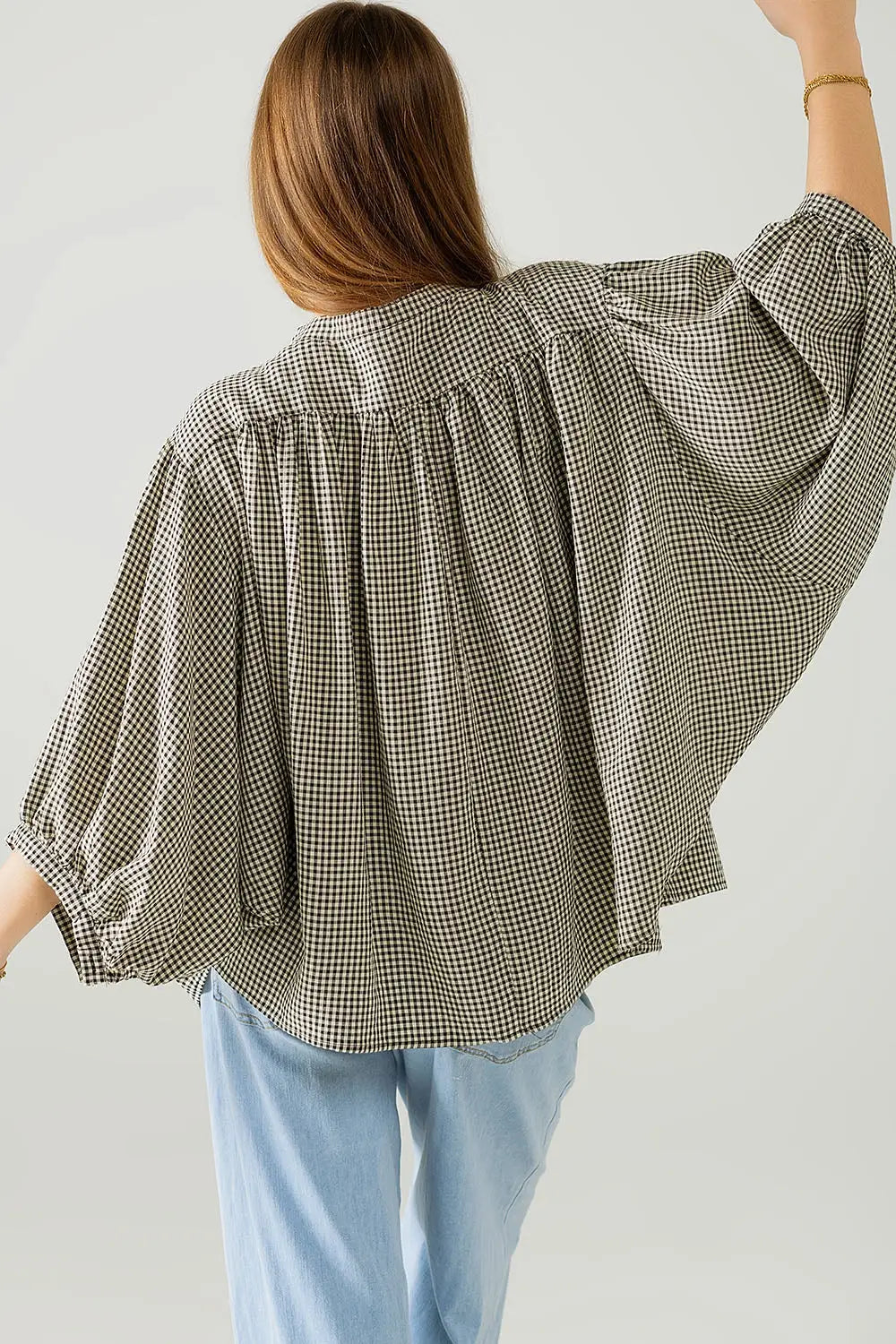 Oversized Black and creme Gingham Blouse Heart Detail - Shirts