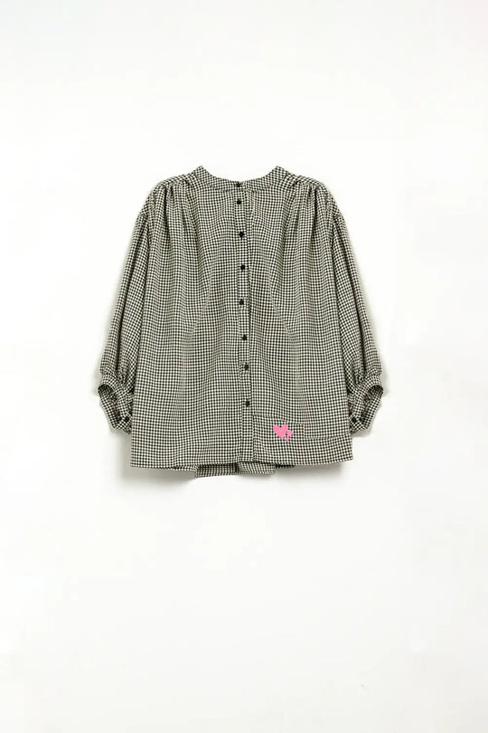 Oversized Black and creme Gingham Blouse Heart Detail - Shirts
