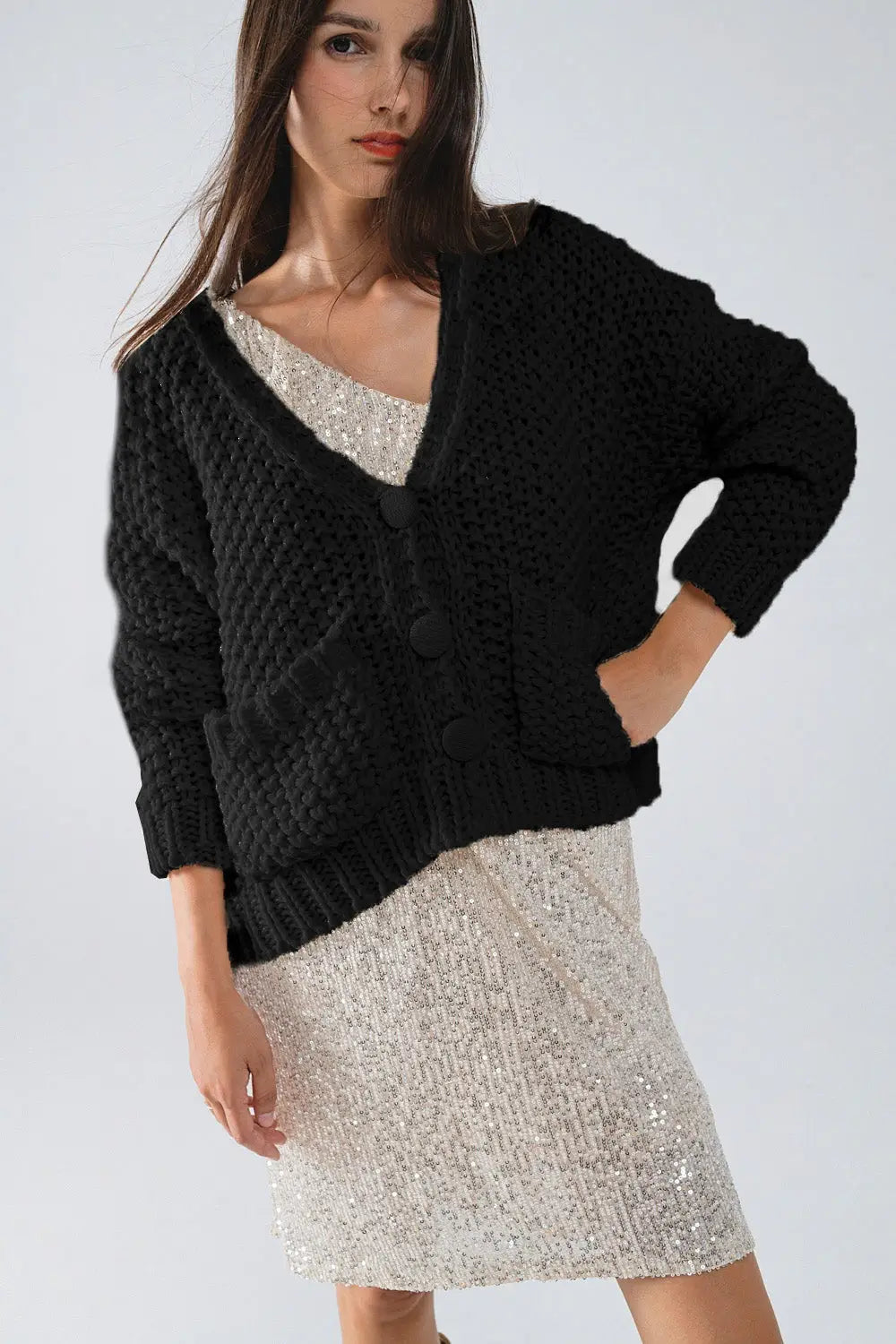 Q2 Oversized black chunky knit jacket with pockets