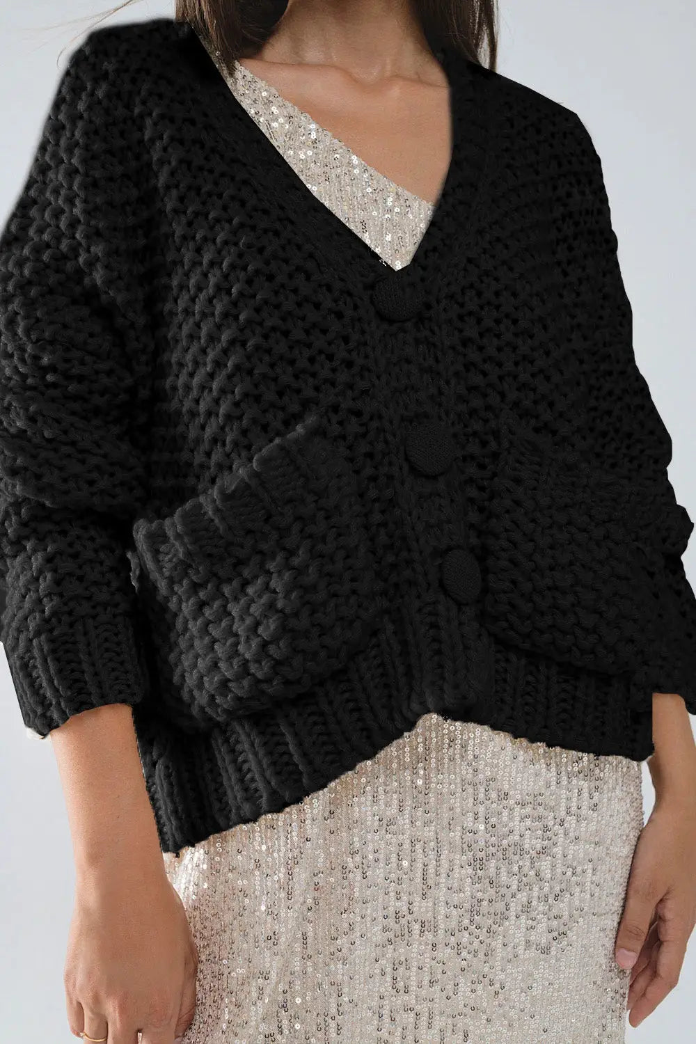 Oversized black chunky knit jacket with pockets - One Size / Black - Sweaters