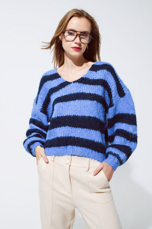 Q2 Oversized Blue Stripy Fluffy Sweater With Balloon Sleeves