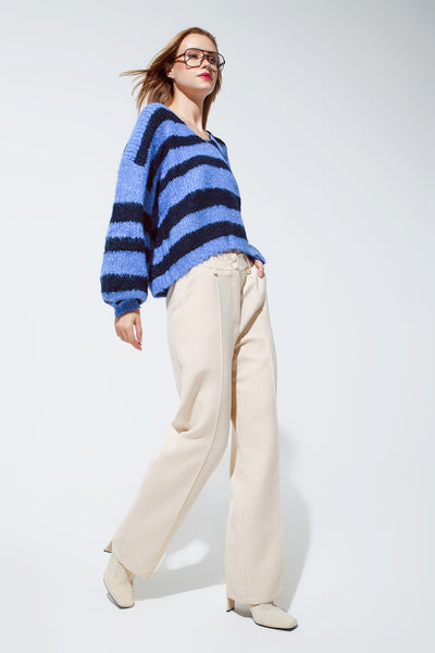 Oversized Blue Stripy Fluffy Sweater With Balloon Sleeves