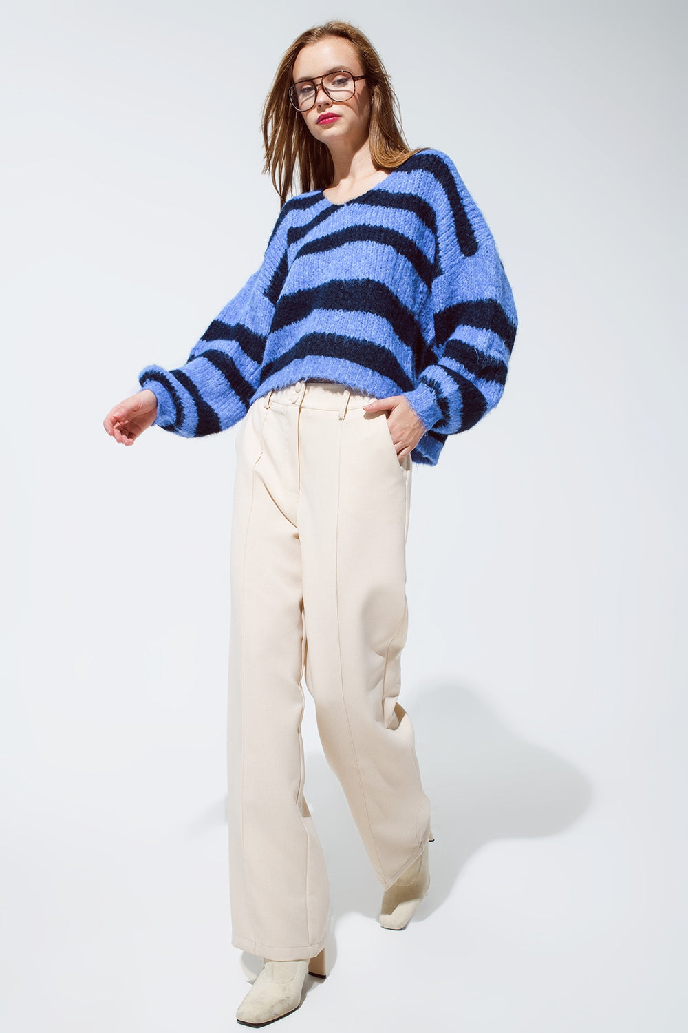 Oversized Blue Stripy Fluffy Sweater With Balloon Sleeves