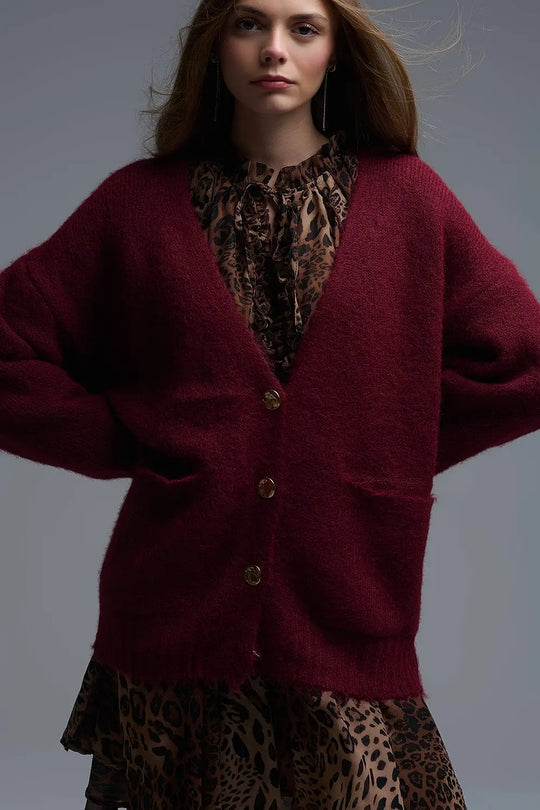 Q2 Oversized Cardigan in burgundy with gold buttons and pockets
