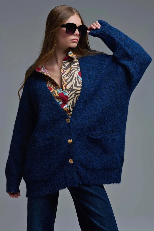 Oversized Cardigan in Navy with gold buttons and pockets - One Size / Blue - Sweaters