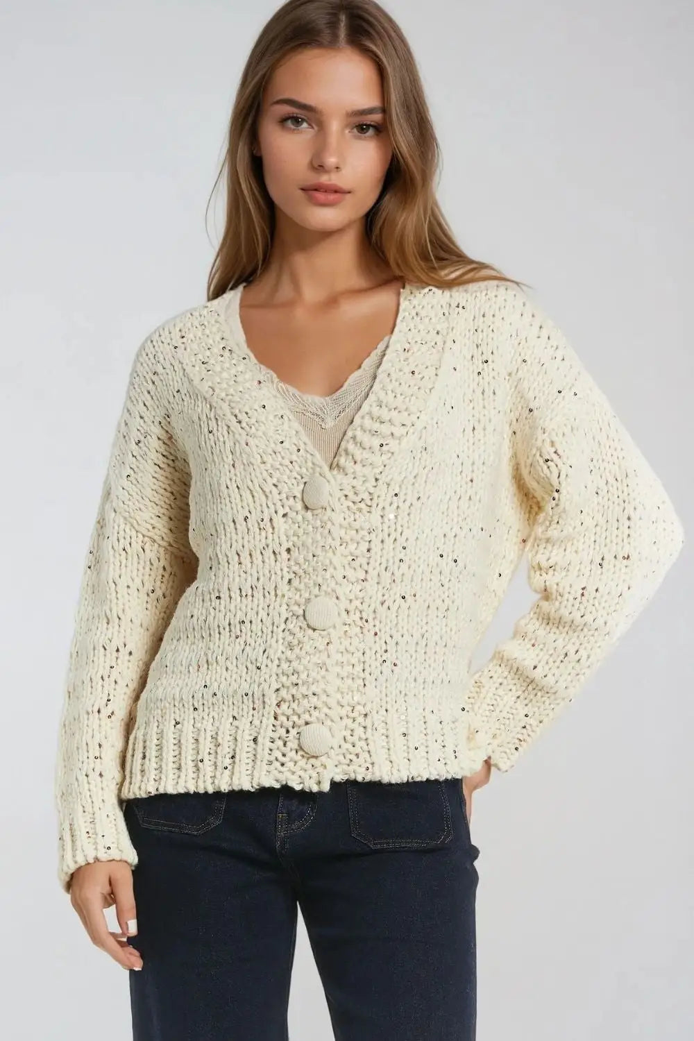 Oversized chunky knit cardigan in cream with sequin detail - One Size / White - Sweaters