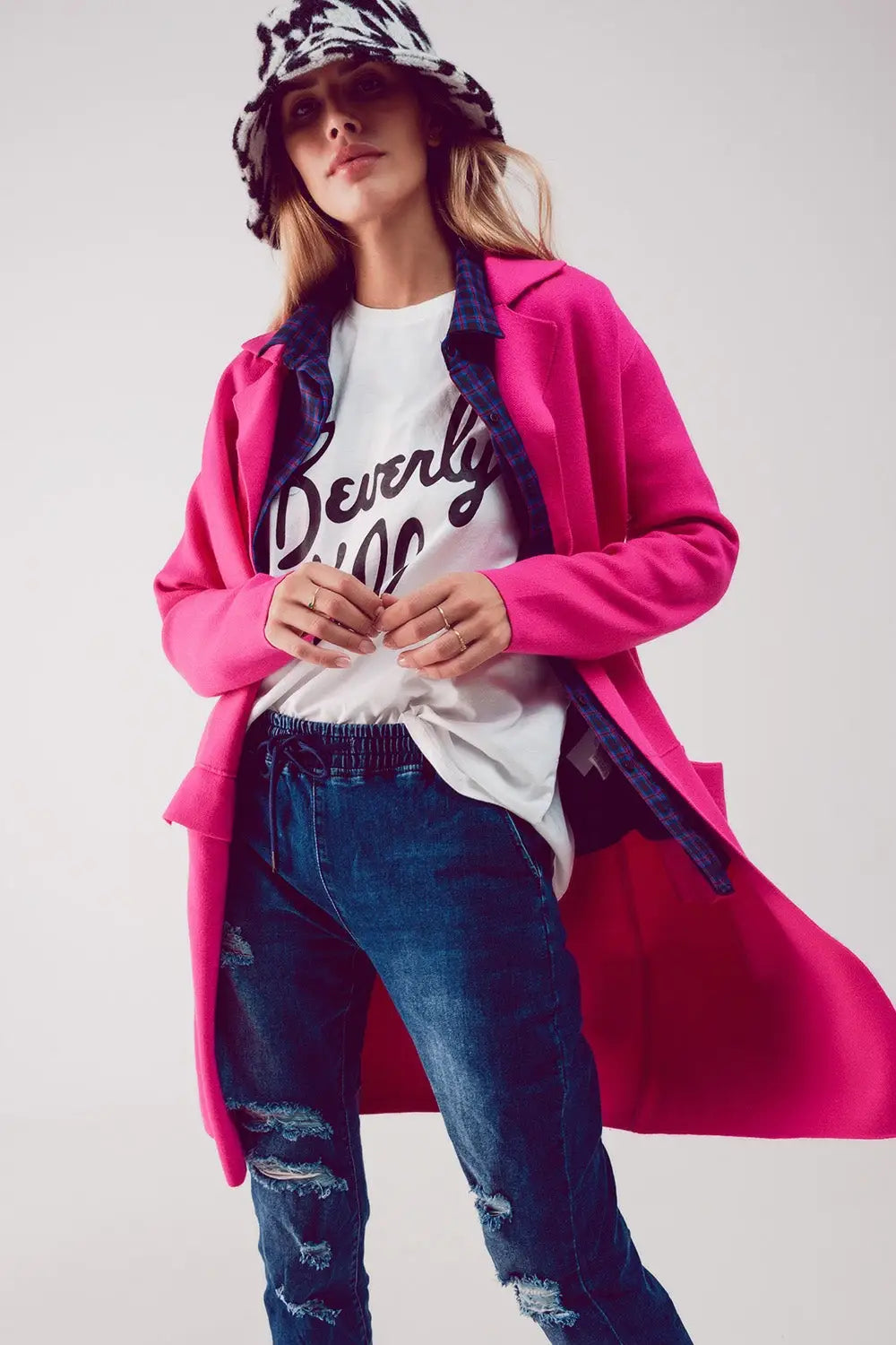 Q2 Oversized collar maxi cardigan in fuchsia