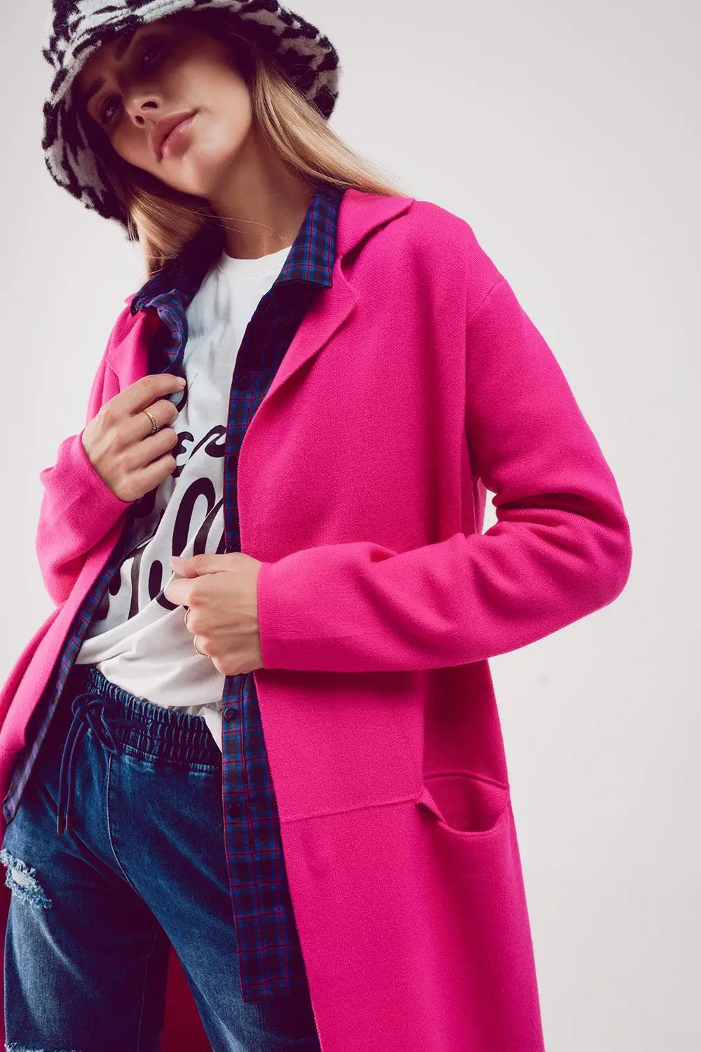 Oversized collar maxi cardigan in fuchsia - One Size / Fuchsia - Sweaters