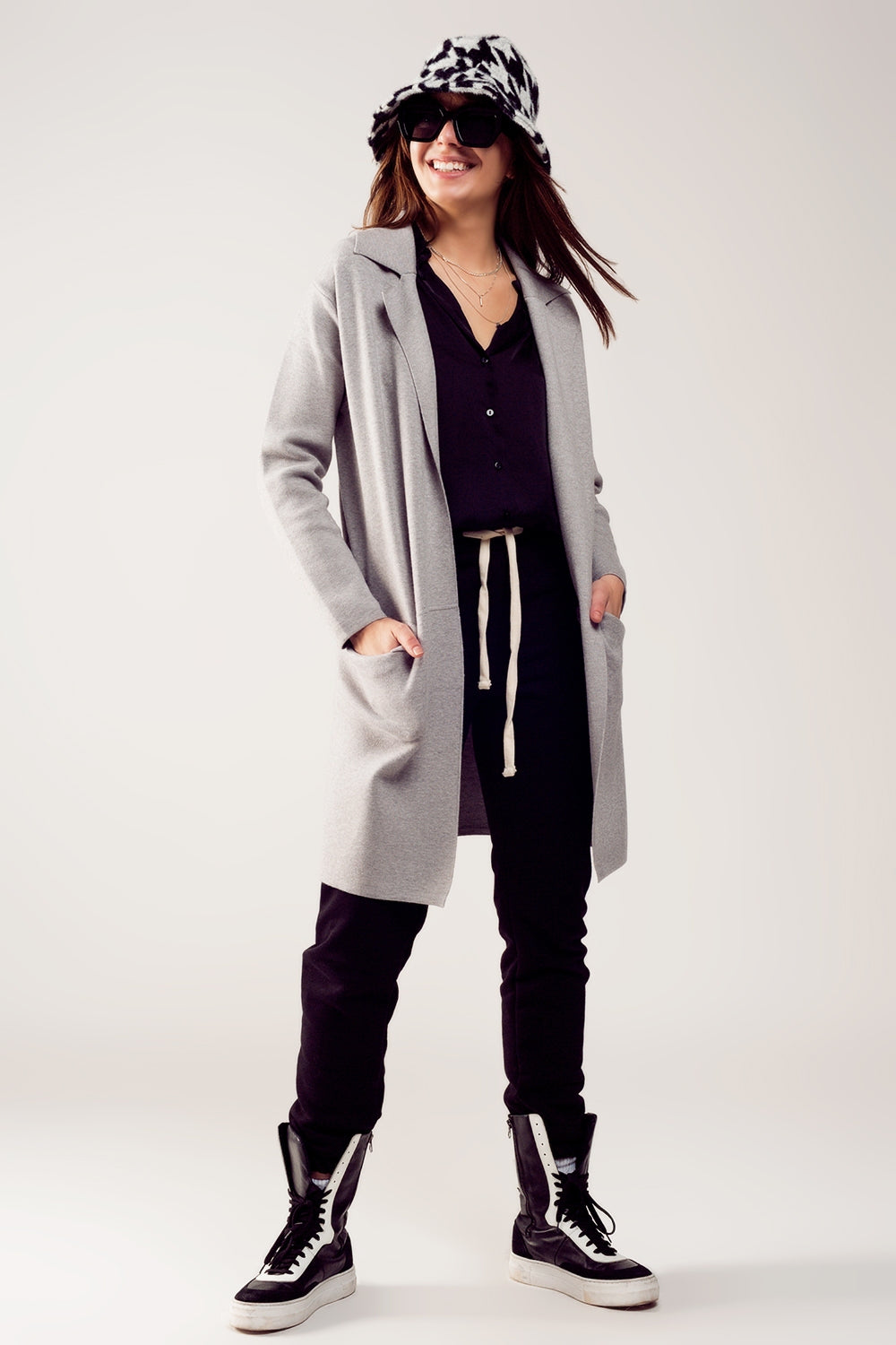 Oversized collar maxi cardigan in grey