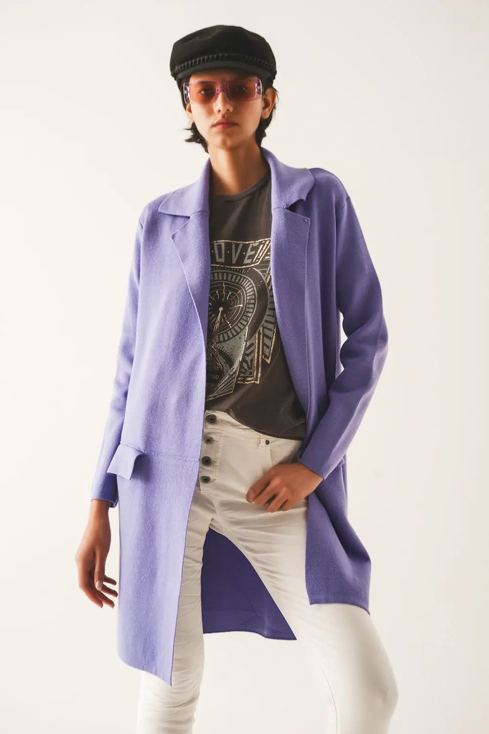 Q2 Oversized collar maxi cardigan in purple