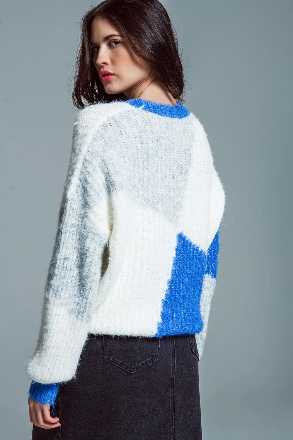 Oversized color block sweater in Blue and white chunky rib - One Size / Blue - Sweaters