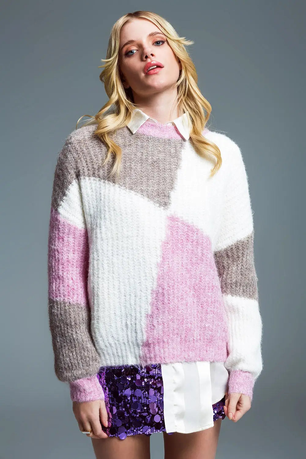 Q2 Oversized color block sweater in  pink and brown chunky rib
