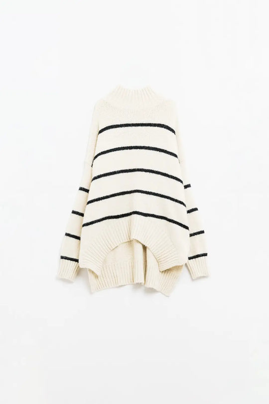 Oversized cream sweater with black stripes - One Size / White - Sweaters