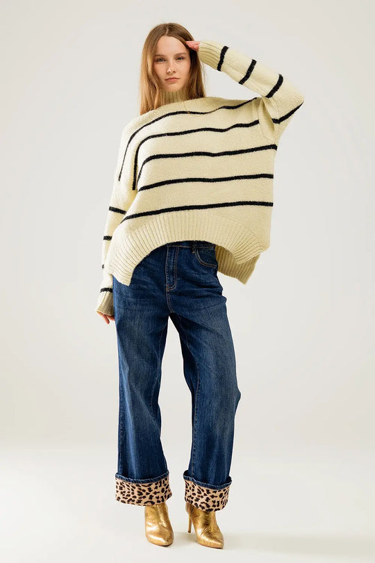 Oversized cream sweater with black stripes - One Size / White - Sweaters