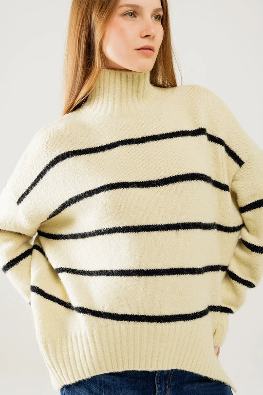 Oversized cream sweater with black stripes - One Size / White - Sweaters