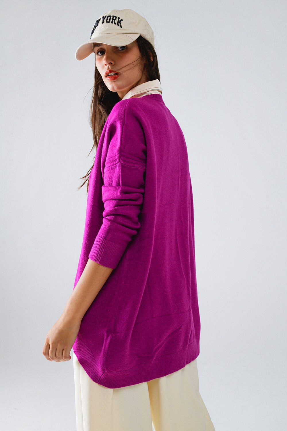 Oversized Crew Neck Long Sleeve Sweater in Fuchsia