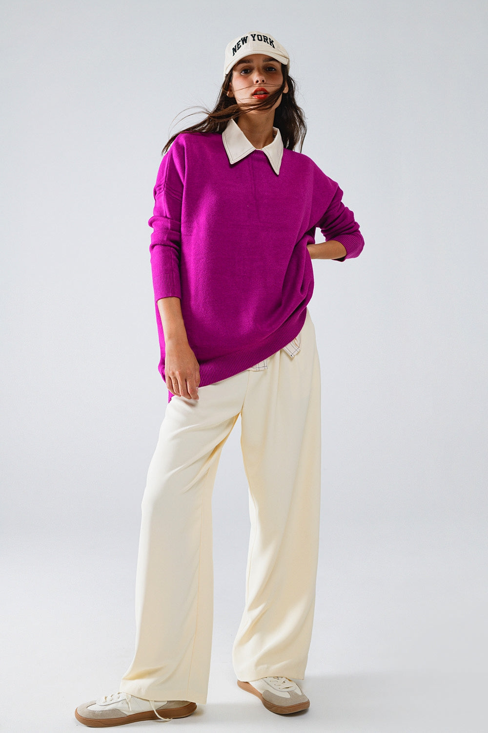 Oversized Crew Neck Long Sleeve Sweater in Fuchsia