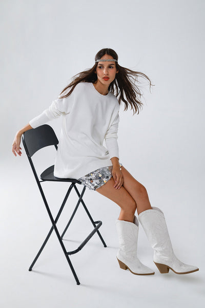 Q2 Oversized Crew Neck Long Sleeve Sweater in White