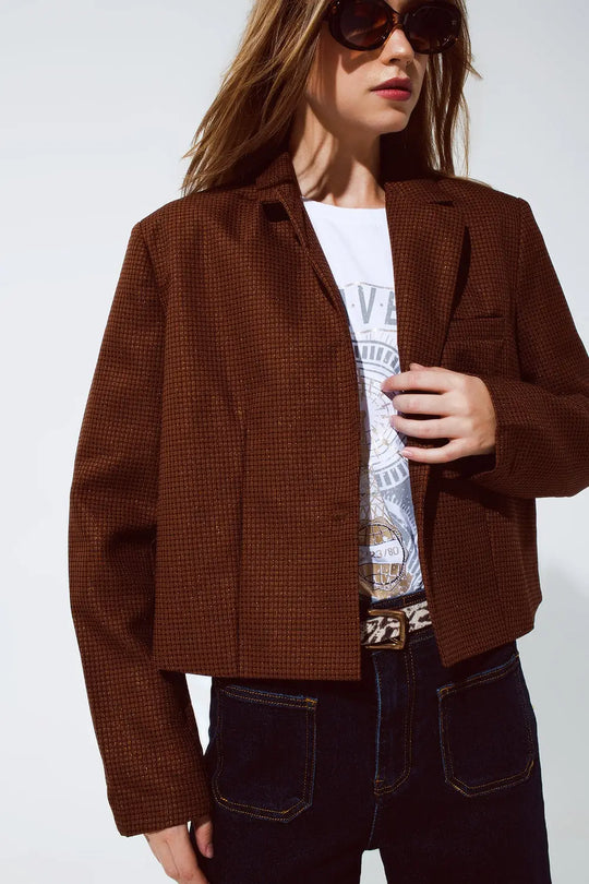 Oversized Cropped Blazer Vichy Design And Metallic Details In Brown - Coats and Jackets