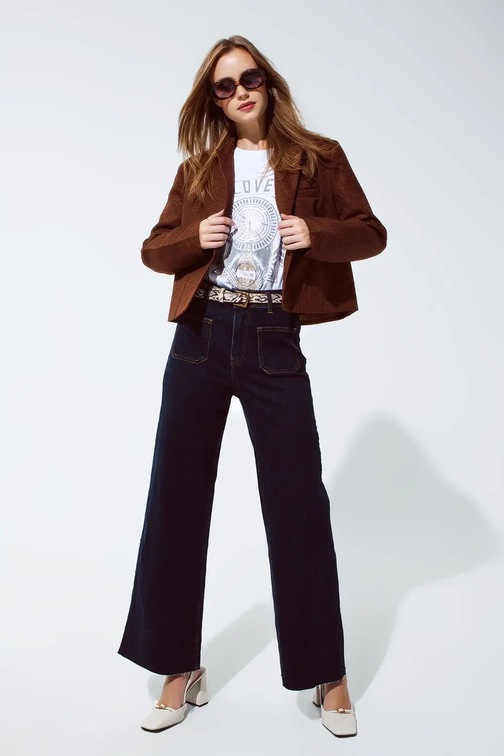 Oversized Cropped Blazer Vichy Design And Metallic Details In Brown - Coats and Jackets