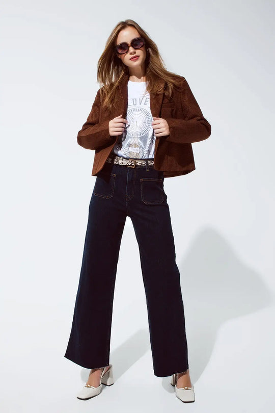 Oversized Cropped Blazer Vichy Design And Metallic Details In Brown - Coats and Jackets
