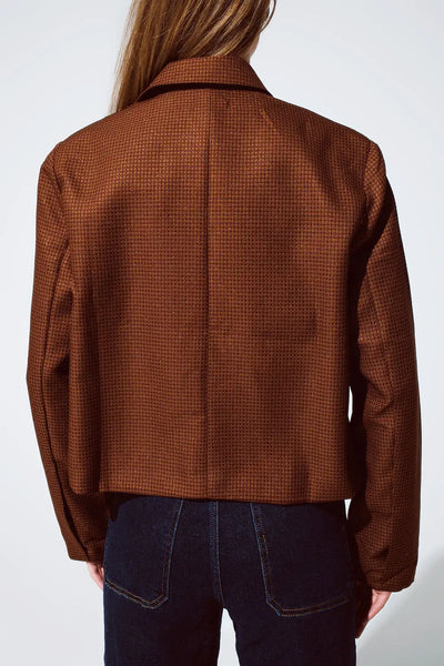 Oversized Cropped Blazer Vichy Design And Metallic Details In Brown - Coats and Jackets