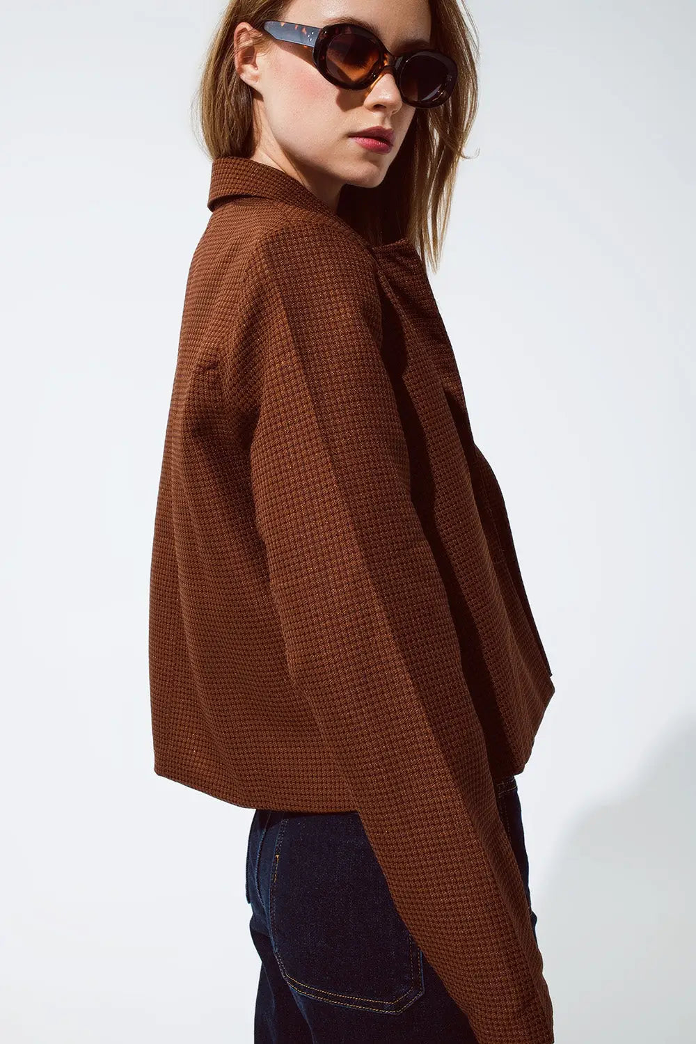 Oversized Cropped Blazer Vichy Design And Metallic Details In Brown - Coats and Jackets