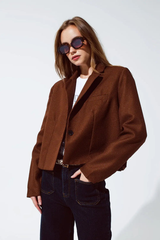 Oversized Cropped Blazer Vichy Design And Metallic Details In Brown - Coats and Jackets